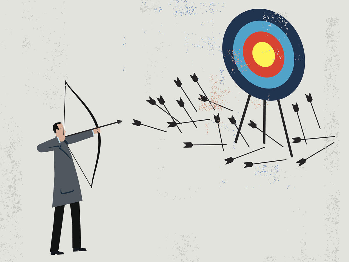 Drawing of a man wearing a suit and using a bow and arrow. He is aiming at a target. On the floor, around 20 arrows, one for each time he missed the target.